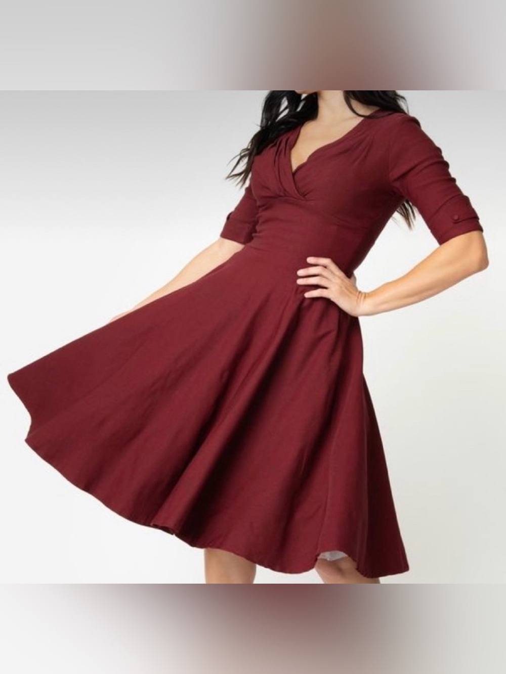 Unique Vintage Women's V-Neck Fit & Flare Dress Burgundy PLUS Swing Retro Midi
